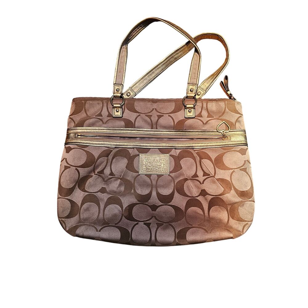 Coach Signature Jacquard Tote Bag Gold Metallic Trim Y2K Shoulder Purse F20026